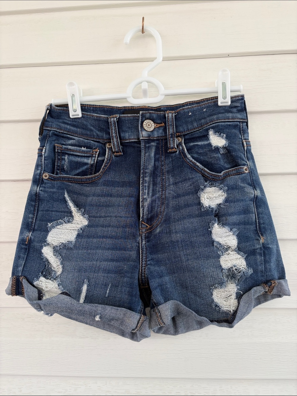 Express Shortie High Rise Distressed Denim Shorts Cuffed Ripped Festival Y2K